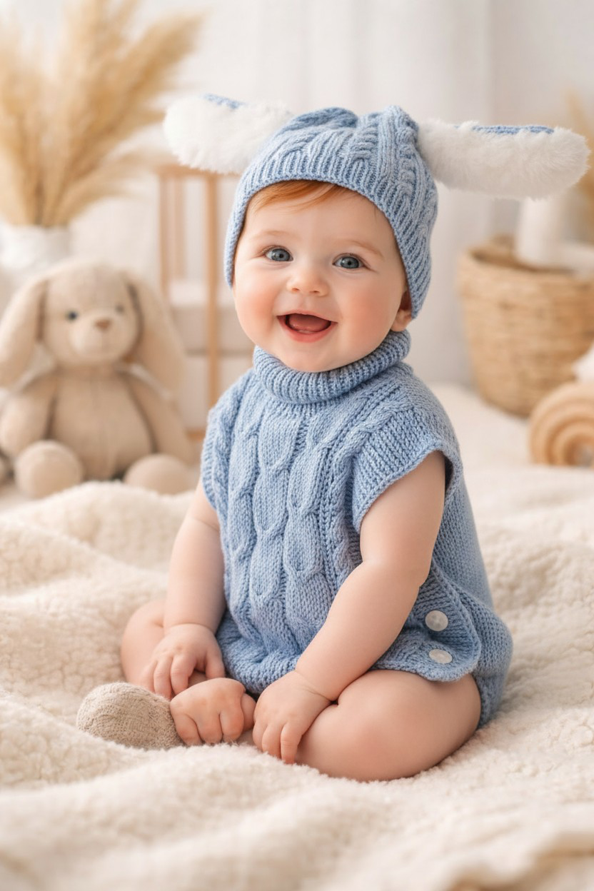 Ensemble pull poncho et bonnet lapin