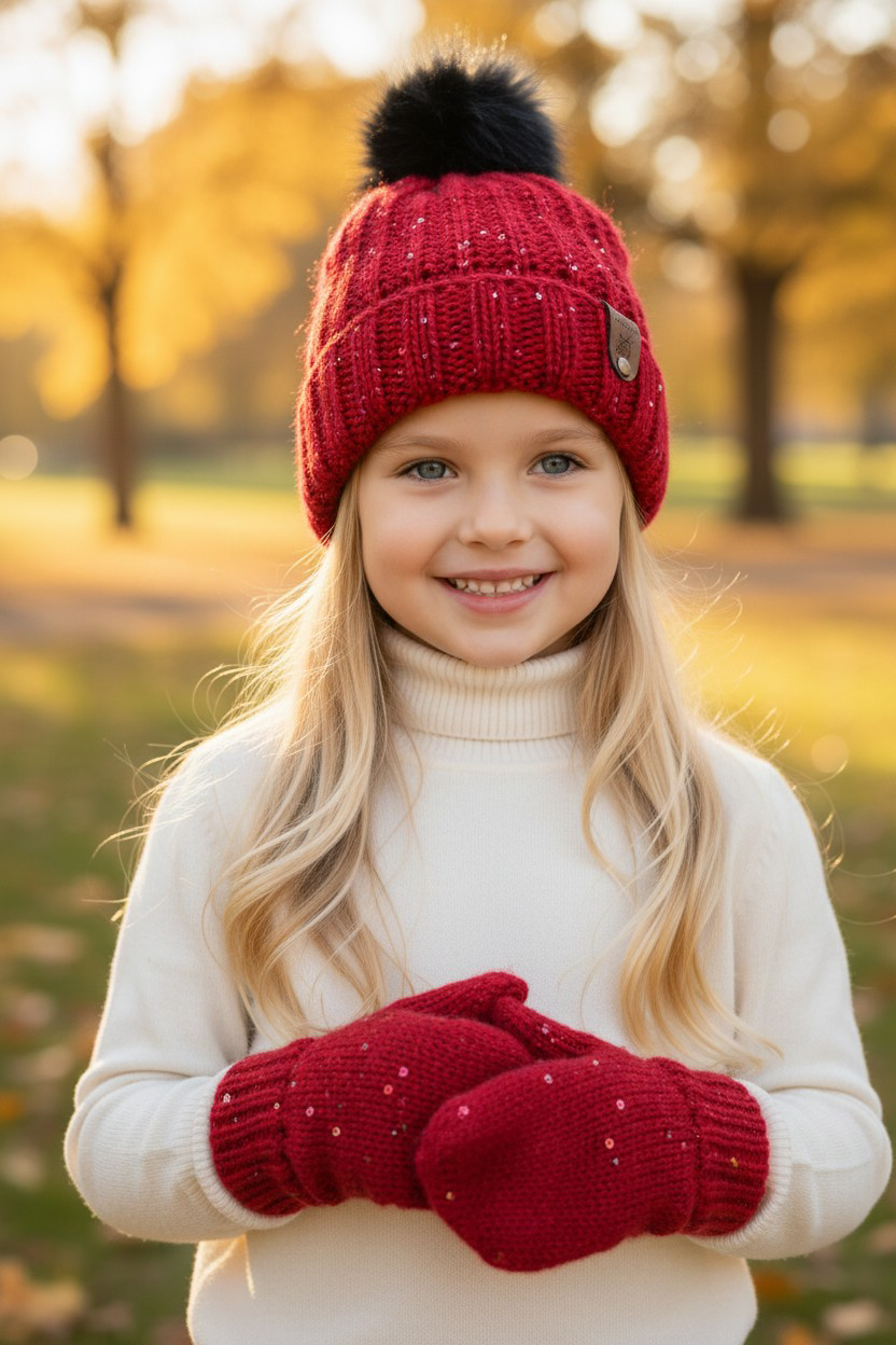 Ensemble moufles et bonnet fille